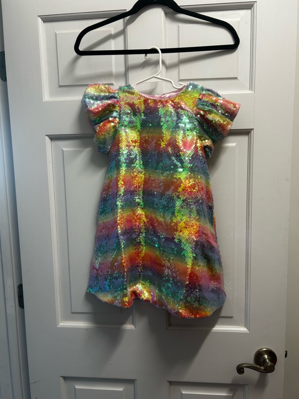 Lola + The Boys Rainbow Sequin Puff Sleeve Dress